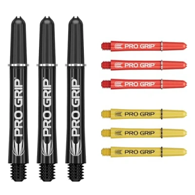 Image de Target Darts Pro Grip Shafts Set of 9 3 Colours, Black/Yellow/Red Intermédiaire, 41mm Dart Stems, Professional Accessories, 2BA Shaft Multipack with Rings