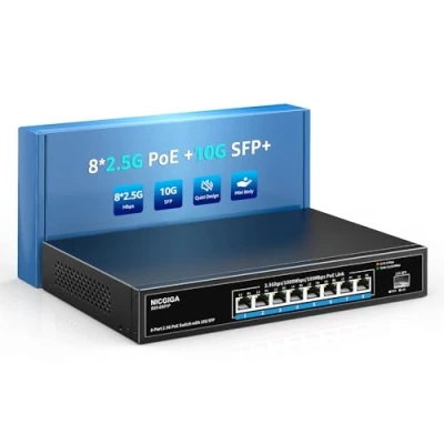 Image de Commutateur PoE 2.5G 8 Ports Non géré avec x 2.5Gb Base T PoE+@120W + 10G SFP Uplink, NICGIGA 2.5Gbe IEEE802.3af/at Power Over Ethernet Switch, Support WiFi6 AP, NAS, 4K Camera NVR.