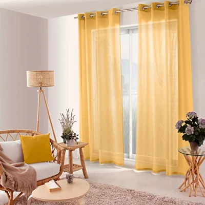 Image de ED ENJOY HOME Rideau Voilage Ajourés avec Œillets, 140x240cm, Jaune Moutarde, 100% Polyester, Tissu Certifié Oeko TEX, Collection Jelly