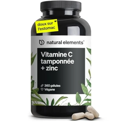 Image de Vitamine C 360 gélules dose élevée de 1000 mg + 15 zinc produite par fermentation plantes &amp; tamponnée (pH neutre, non acide, douce pour l’estomac) contrôlé en laboratoire et végane