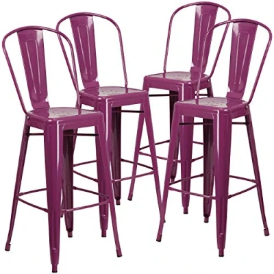 Image de Flash Furniture Lot de 4 tabourets Bar en métal qualité Commerciale avec Dossier Violet 76,2 cm
