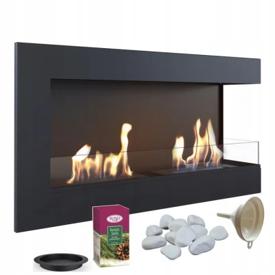 Image de KRATKI Delta 900 Cheminée d&#039;angle Droite Bioéthanol + Galets Entonnoir Set d&#039;Aromathérapie Montage Mural ou Encastré l Récipient Bio 0.5 l, TÜV Acier, 48 x 90 cm, Vitrage, Noir