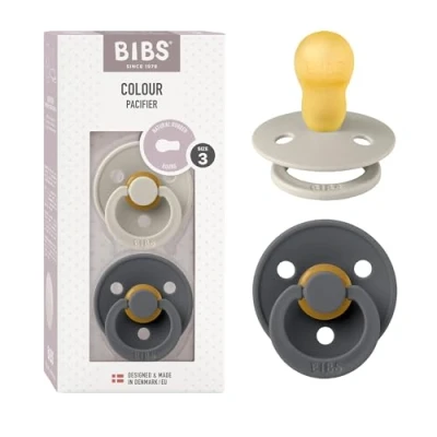 Image de Tétine BIBS Colour. Lot de 2 sucettes. Sans bisphénol A, Téterelle ronde. Latex caoutchouc naturel, Fabriqué au Danemark, Taille 3 (plus 18 mois), Sand/Iron