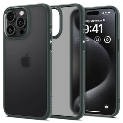 Image de Spigen Coque [Translucide et Anti Empreinte] en Dos PC Bumper TPU Ultra Hybrid Frost pour iPhone 15 Pro Max Vert