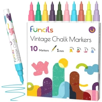 Image de Funcils Marqueurs Craie Liquide Vintage pour Tableaux, Fenêtres, Étiquettes, Bistro, Verre, Voiture (Lot de 10, 1mm) à Encre Effaçable l&#039;Eau, Pointe Réversible Tableau Noir