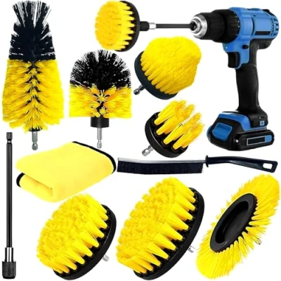 Image de ZZQVIP 10 Pièces Brosse Perceuse, sans Fil, Électrique de Nettoyage, Outil Perceuse Nettoyage Kit, Voitures, Pneus, Carrelages, Sols, Cuisines, Baignoires (Jaune)