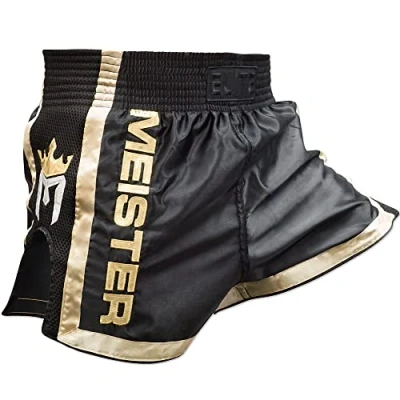 Image de Meister Elite Short Muay Thai Taille Élastiquée Complète avec Mesh Noir/Or Petit (30 31)