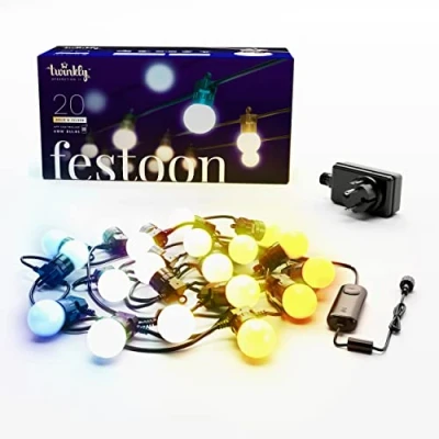 Image de Twinkly Festoon 20 LED Blancs, Guirlande Ampoules, Lumières Extérieures et Intérieures de Blanc Chaud à Froid, Compatible avec Alexa, Google Home, IP44, Contrôlée par App, Câble Noir, 10m