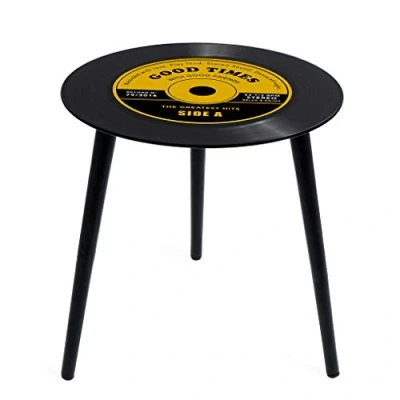 Image de Balvi Table d&#039;appoint Greatest Hits Couleur : Jaune en Forme de Vinyle avec Pieds Bois Verre 40 cm