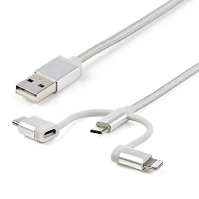 Image de StarTech.com Câble de Charge USB Multiple 1m Lightning / C Micro Tressé Certifié MFi 2.0 Chargement 3 en 1 (LTCUB1MGR)