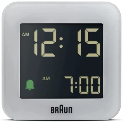 Image de Braun Réveil numérique de Voyage avec répétition (Fonction Snooze), écran LCD négatif, réglage Rapide, bip l’Alarme en Crescendo, modèle BC08G Gris.