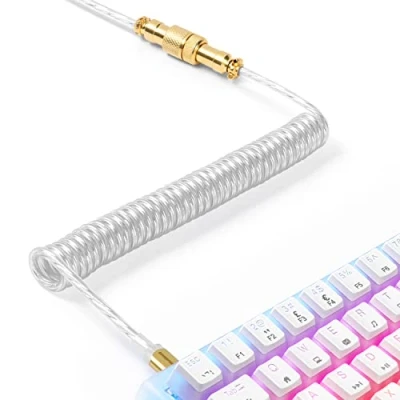 Image de XINMENG C02 Câble de Clavier enroulé personnalisé, TPU Extensible, Type C vers USB A, avec connecteur d&#039;aviation en métal doré détachable, pour téléphone Portable Transparent