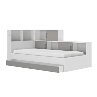 Image de Lit avec Rangements 90x200 cm Erwan Panneaux de Particules Blanc et Gris Moderne Fabrication Française pour Chambre L221 x P120 H104