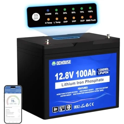 Image de DCHOUSE batterie au lithium LiFePO4 12V 100Ah,avec Bluetooth,protection basse température,BMS 100A intégré,jusqu&#039;à 15000 cycles,panneau lumineux SOC pour surveiller facilement l&#039;état de la