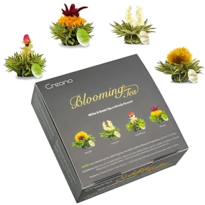 Image de Creano 4 fleurs de thé dans une élégante boîte cadeau Teelini blanc et vert au format tasse