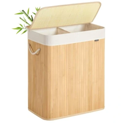 Image de SONGMICS Panier à Linge 100 L, Corbeille Sale 2 Compartiments de Tri, Couvercle, en Bambou, Poignées, Pliable, Sac Amovible Lavable Machine, pour Buanderie, Chambre, Couleur Boisée LCB074Y01