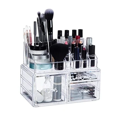 Image de Relaxdays 10024645_50 Organiseur à Maquillage 3 Tiroirs Rangement Cosmétiques Vernis Ongles Rouge Lèvres Acrylique Transparent, HLP 18,5 x 23,5 14 cm
