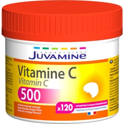 Image de JUVAMINE Vitamine C 500 Aide à réduire la Fatigue Soutient l&#039;Immunité Arôme Naturel Orange Sans Sucres Maxi Format 120 Comprimés croquer Fabriqué en France