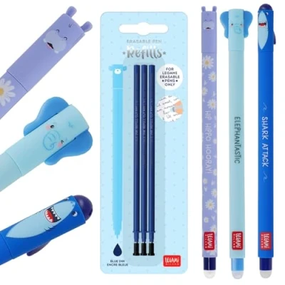 Image de LEGAMI Lot de 3 stylos gel effaçables + recharges bleues avec encre effaçable thermosensible, pointe 0,7 mm, motif requin, éléphant, hippopotame