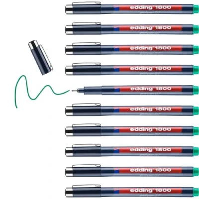 Image de edding 1800 Feutre fin de précision Vert 10 stylos Largeur trait 0,7 mm pour une écriture et des esquisses précises Pointe fine gainée métal adapté aux règles pochoirs