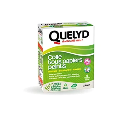 Image de Quelyd Colle Tous Papiers Peints Avec Indicateur Coloré Intissés, Standards, Vinyles et Spéciaux Sans Grumeaux Solvant 300 g (6 rouleaux 32 m²)