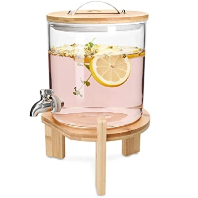 Image de Navaris Distributeur de Boissons avec Robinet Boisson 5L en Verre Couvercle et Support Bois Fontaine Eau Cocktail Jus Alcool