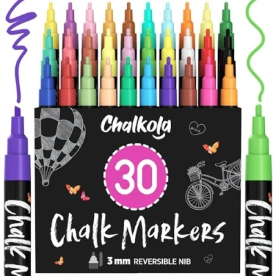 Image de Chalkola Marqueurs Craie Pastel &amp; Fluo pour Tableau Noir, Album photo Scrapbooking, Vitres, Verres Stylo Effaçable à Sec Lot de 30 avec Pointe Arrondie et Ciseau Réversible 3 mm