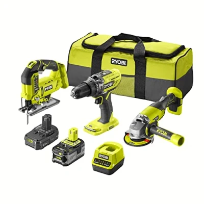 Image de RYOBI Trio ONE+ 18V : perceuse à percussion + scie sauteuse meuleuse d&#039;angle 2 batteries (2,0 Ah et 4,0 Ah) chargeur rapide Livré dans 1 grand sac de transport