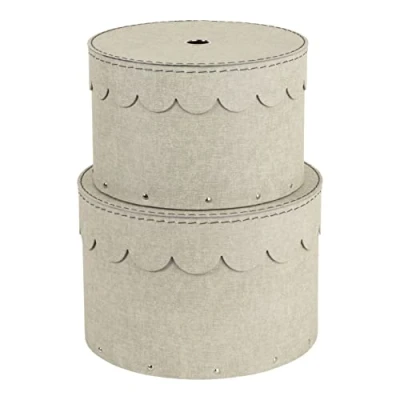 Image de Bigso Box of Sweden lot de 2 boîtes rondes avec couvercle boîte pour les vêtements, jouets, etc. caisson rangement rond en panneaux fibres et papier effet lin beige
