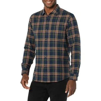 Image de Amazon Essentials Chemise Ajustée en Flanelle à Carreaux avec Boutons et Manches Longues Homme, Vert Foncé Bleu Marine Écossais, XXL