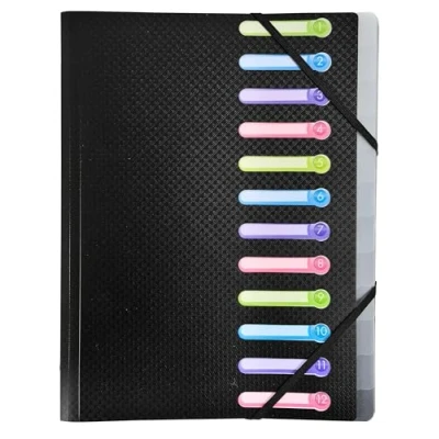 Image de Exacompta Réf. 55981E Carton de 10 trieurs Opak 3 rabats avec élastiques et fenêtres découpées couverture intérieur en PP 12 compartiments dim 25x32cm pour A4 couleur noir