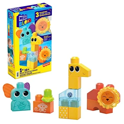 Image de MEGA Bloks Coffret de construction sensoriel pour les tout petits avec 15 gros blocs et formes spéciales, Jouet Enfant, Dès 1 à 3 ans, HKN42, Safari