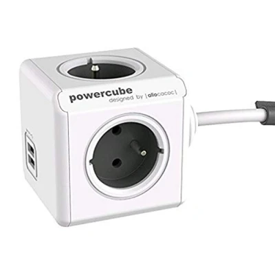 Image de allocacoc PowerCube Extended 3 m DuoUSB, 4 prises multiples 230V + 2 USB, FR, Blanc
