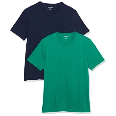 Image de Amazon Essentials T shirt slim à manches courtes et col en V Homme, Lot de 2, Bleu Marine/Vert Émeraude, XL