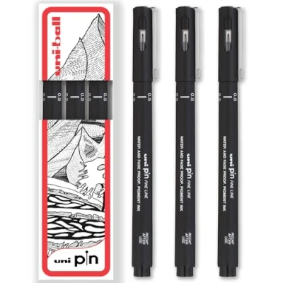 Image de uni ball PIN Lot de 3 stylos à pointe fine noire Encre résistante l&#039;eau et la décoloration Idéal pour les croquis, le scrapbooking, contour, l&#039;art, dessin technique Dans un coffret