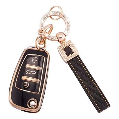 Image de Koaudb Coque de clé voiture pour Audi A1 A3 A4 A6 A8 Quattro Q3 Q7 S3 S6 RS3 RS6 R8 TT TTS 3 boutons Flip Key Case souple en TPU avec lanière porte clés cuir Noir Or (BP Ad 3)
