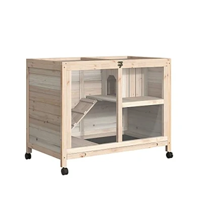 Image de PawHut Cage à Lapin clapier sur roulettes Petit enclos aminaux en Bois Massif 2 étages Toit ouvrant Plates Formes 91,5 x 53,3 73 cm Naturel