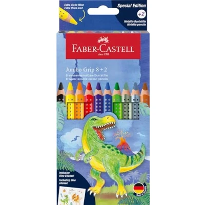 Image de FABER CASTELL 110922 Set de crayons couleur Jumbo Dino, 10 pièces, incassable, y compris 2 métalliques et un autocollant Dino