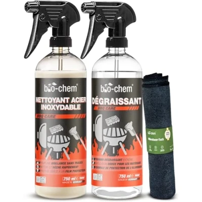 Image de bio chem Set de 3 Produits Nettoyage pour Barbecue Produit nettoyant 750mL, d&#039;entretien l&#039;acier Inoxydable 750mL et Chiffon en Microfibres