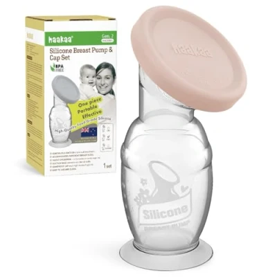 Image de haakaa Tire lait Manuel en Silicone avec Base Antidérapante et Couvercle Fonctionnement Silencieux Sans Mains, Succion Naturelle, Étanche Facile à Nettoyer, 100ml, Rose Poudré