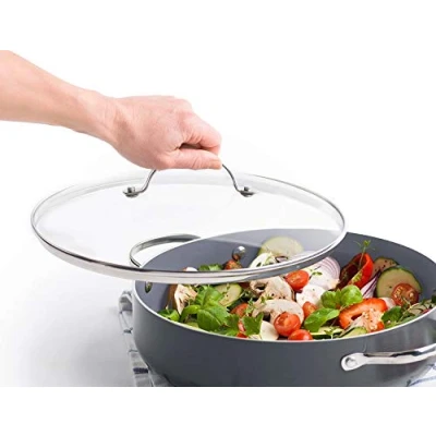 Image de couvercle en verre trempé ventilé pour casseroles, wok, transparent 22 cm Bord et poignée acier inoxydable (22 cm)