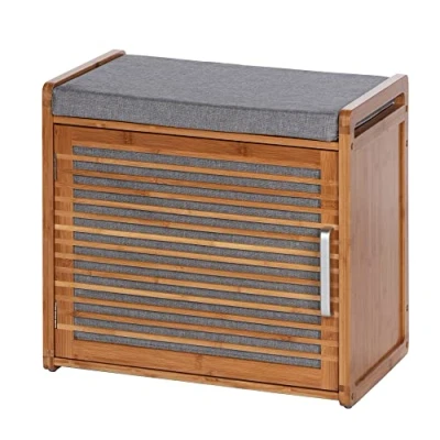Image de WENKO Banc d&#039;entrée et Meuble à Chaussures Bois Bahari Rangement Chaussure avec 2 étagères pour 4 Paires de Assise rembourée Bambou Polyester 50x45x33cm Gris Marron