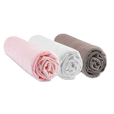 Image de Lot de 3 Draps Housse 60x120 cm Lit Bébé, Berceau, Parapluie 60 x 120 Bambou Hypoallergénique Rose Blanc Taupe Extensible Sommeil sain Marque Easy Dort Oeko Tex Fabriqué en Europe