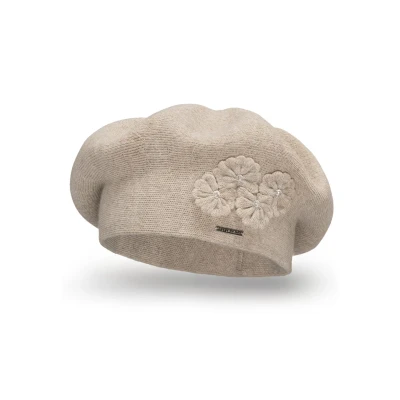 Image de VIVISENCE Femme Le Béret pour L&#039;automne Et l&#039;hiver Élégant Style Classique Ajustement Parfait Orné d&#039;une Application Florale Mélange Chaud De Laine Idéal Cadeau Élégant, Beige,Taille Unique