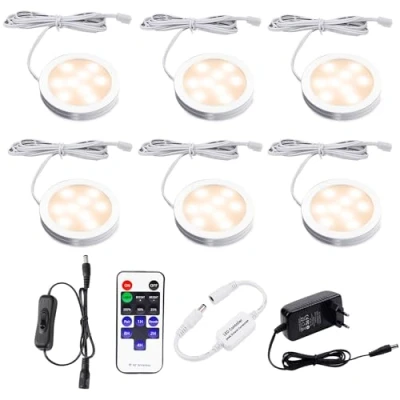 Image de AIBOO LED Lampe Sous Meuble Cuisine avec Telecommande RF Sans Fil, Rond Ultra Slim Eclairage Encastré pour Placard, Prise Européenne, 6 Paquets Lumières vitrine 12V 12W (Blanc Chaude2700K)