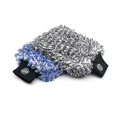 Image de The Rag Company Cyclone Ultra Lot de 2 gants toilette en microfibre coréenne 70/30, rembourrage mousse, anti rayures, non pelucheux, parfaits pour un lavage sans rinçage, 20,3 x 22,9 cm, bleu et
