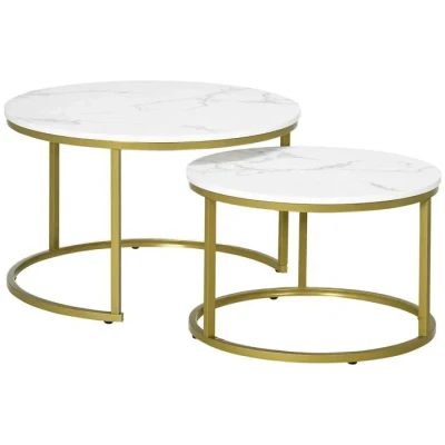 Image de HOMCOM Lot de 2 Tables Basses gigognes Rondes Plateau Blanc Aspect marbre et Pied en Acier doré
