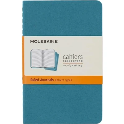 Image de Moleskine Cahier Journal, Set 3 Notebooks with Ruled Pages, Cardboard Cover Visible Cotton Stiching, Colour Brisk Blue, Pocket 9 x 14 cm, 64 Pages