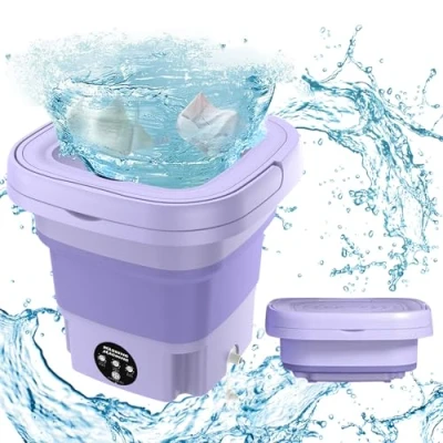 Image de Mini machine à laver Portable 8L, pliable avec essorage, seau linge pliable, Lave Mobile, pour les sous vêtements, chaussettes et petits objets Camping Voyage (Violet)
