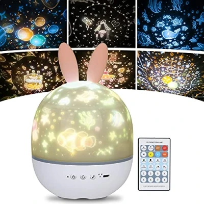 Image de URAQT Veilleuse Enfant Lampe Etoile Projecteur, 360Rotation Musicale + Minuterie Télécommande 6 Couleurs, LED Rechargeable Bébé pour Anniversaire
